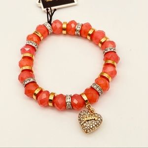 JUICY COUTURE STRETCH PINK BEADED HEART CHARM BRACELET GOLD YJRU7484